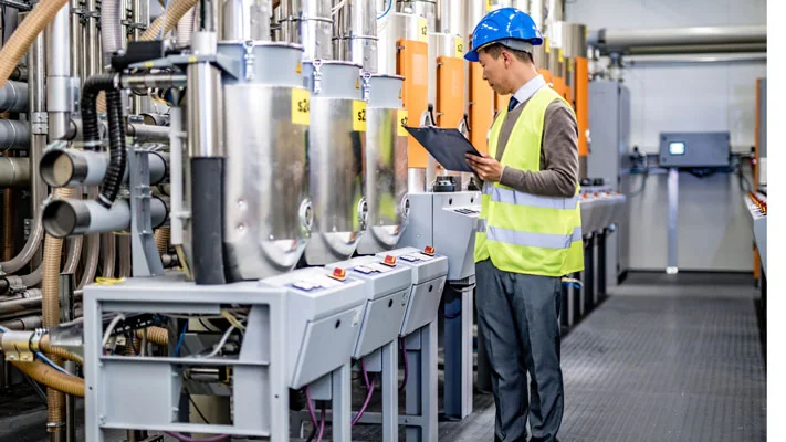 An engineer inspecting water treatment equipment